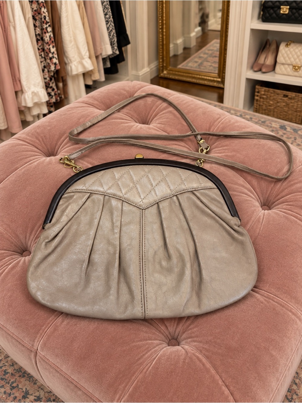 Vintage Italian Quilted Leather Frame Shoulder & Clutch Bag